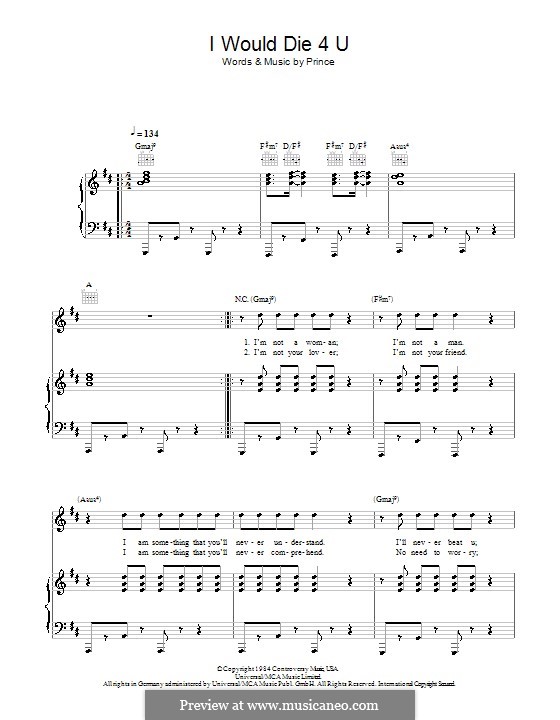 I Would Die 4 U: Para vocais e piano (ou Guitarra) by Prince