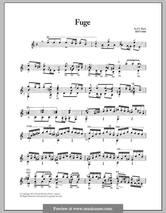 Fugue in A Minor, BWV 1000: arranjos para guitarra by Johann Sebastian Bach