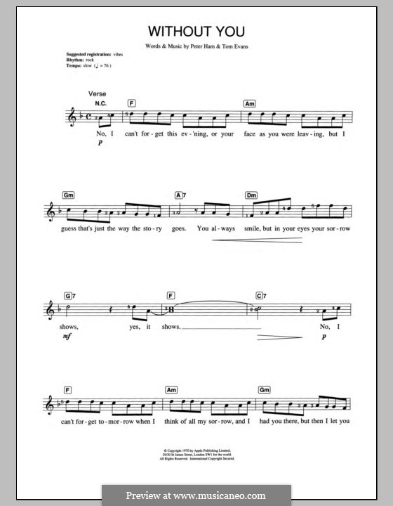 Without You (Badfinger): para teclado by Peter Ham, Tom Evans