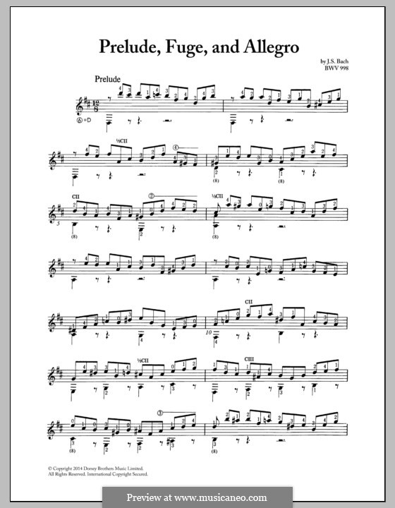 Prelude, Fugue and Allegro, BWV 998: arranjos para guitarra by Johann Sebastian Bach