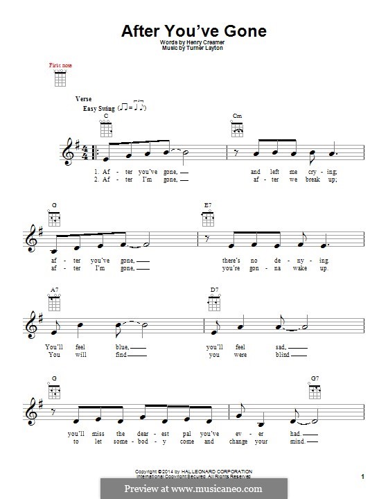 After You've Gone (Sophie Tucker): para ukulele by Henry Creamer, J. Turner Layton