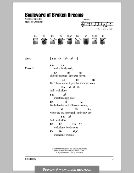 Boulevard of Broken Dreams (Green Day): Letras e Acordes by Billie Joe Armstrong, Tré Cool, Michael Pritchard