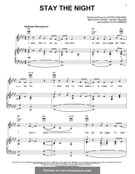 Stay the Night: Para vocais e piano (ou Guitarra) by Hayley Williams, Anton Zaslavski, Carah Faye Charnow, Benjamin Hanna