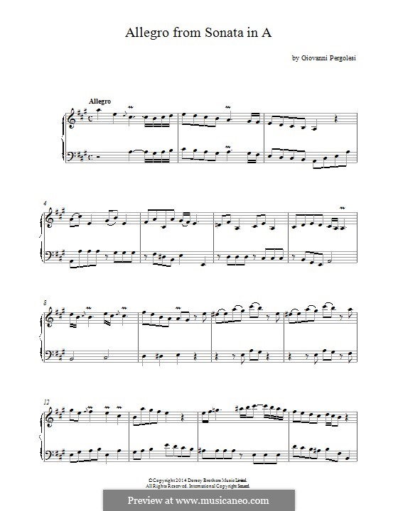 Sonata for Harpsichord in A Major: Allegro. Version for piano by Giovanni Battista Pergolesi