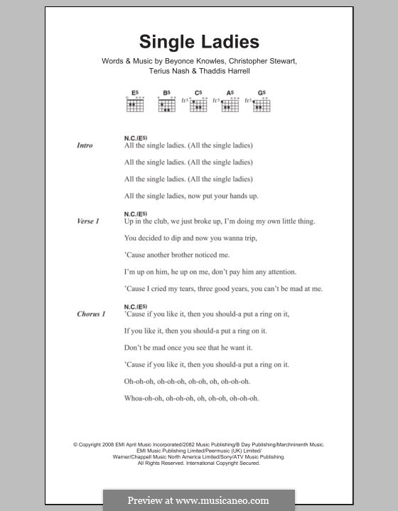 Single Ladies (Put a Ring on It): Letras e Acordes by Beyoncé, Tricky Stewart , Terius Nash, Kuk Harrell