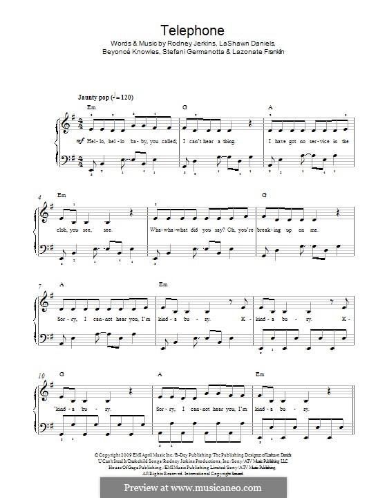 Telephone (Lady Gaga featuring Beyonce): Para Piano by Beyoncé, LaShawn Daniels, Lazonate Franklin, Rodney Jerkins, Stefani Germanotta