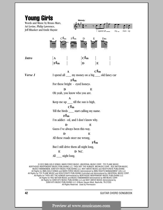 Young Girls: Letras e Acordes by Ari Levine, Emile Haynie, Jeff Bhasker, Bruno Mars, Philip Lawrence