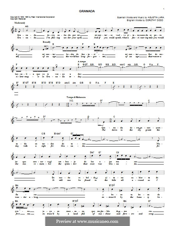 Granada: Para vocais e piano (ou Guitarra) by Agustin Lara
