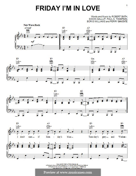 Friday I'm in Love (The Cure): Para vocais e piano (ou Guitarra) by Boris Williams, Perry Bamonte, Porl Thompson, Robert Gary Smith, Simon Gallup