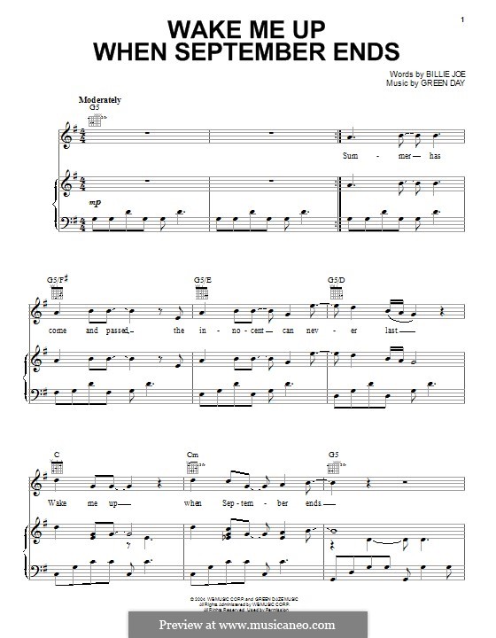 Wake Me Up When September Ends (Green Day): Para vocais e piano (ou Guitarra) by Billie Joe Armstrong, Tré Cool, Michael Pritchard