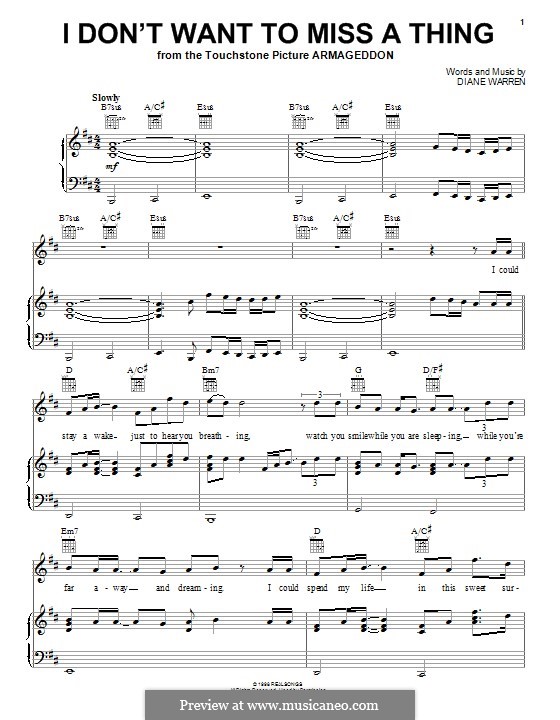 I Don't Want To Miss a Thing (Aerosmith): Para vocais e piano (ou Guitarra) by Diane Warren