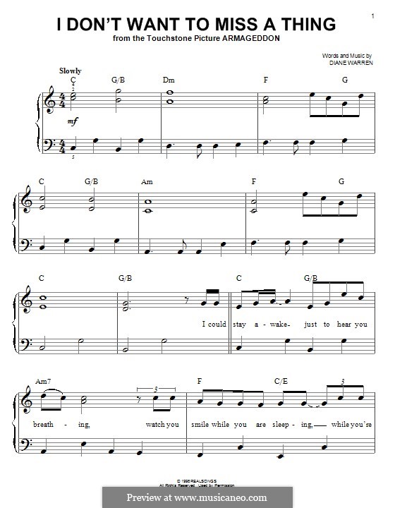 I Don't Want To Miss a Thing (Aerosmith): Para Piano by Diane Warren