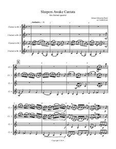 No.1 Wachet auf (Sleepers Awake): For clarinet quartet – score by Johann Sebastian Bach