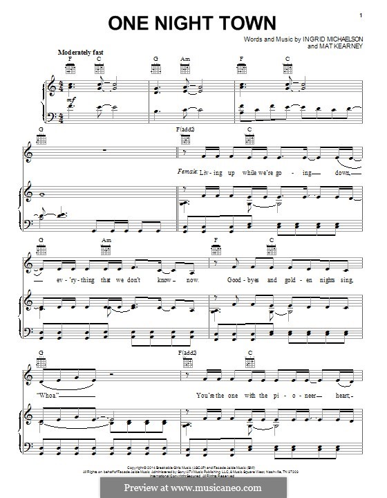 One Night Town: Para vocais e piano (ou Guitarra) by Ingrid Michaelson, Mathew Kearney