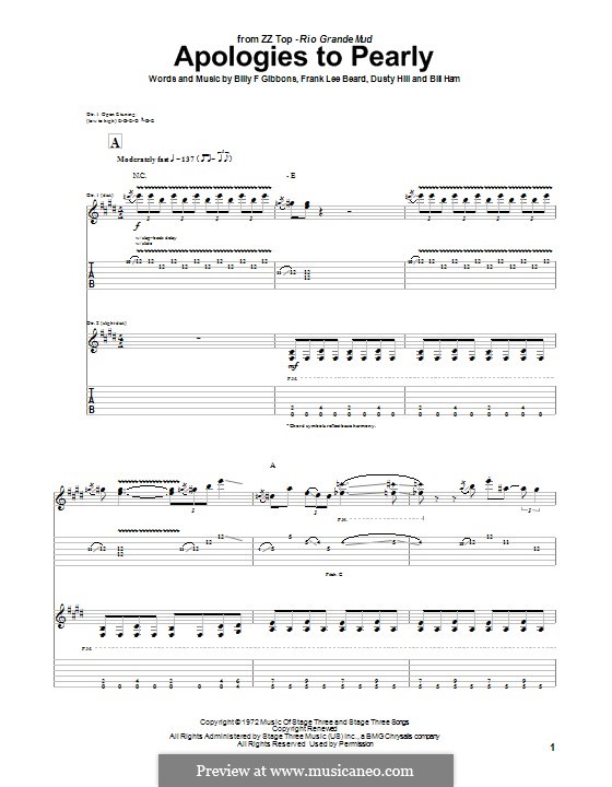Apologies to Pearly (ZZ Top): Para guitarra com guia by Bill Ham, Billy F Gibbons, Dusty Hill, Frank Lee Beard