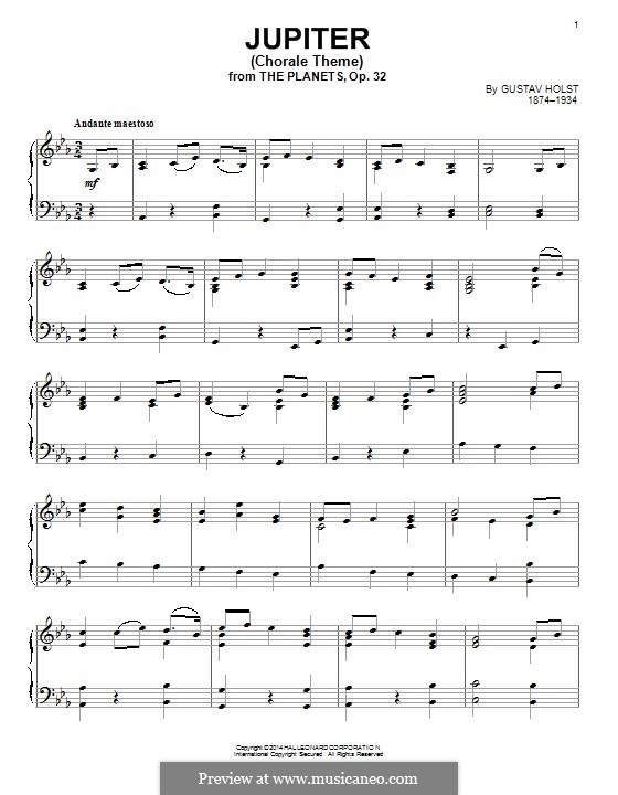 Jupiter: Chorale theme, for piano by Gustav Holst