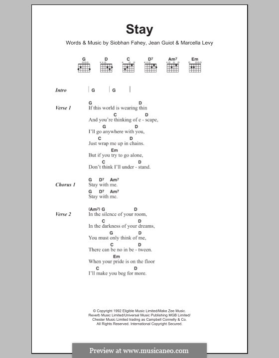 Stay (Shakespear's Sister): Letras e Acordes by David A. Stewart, Marcella Levy, Siobhan Fahey