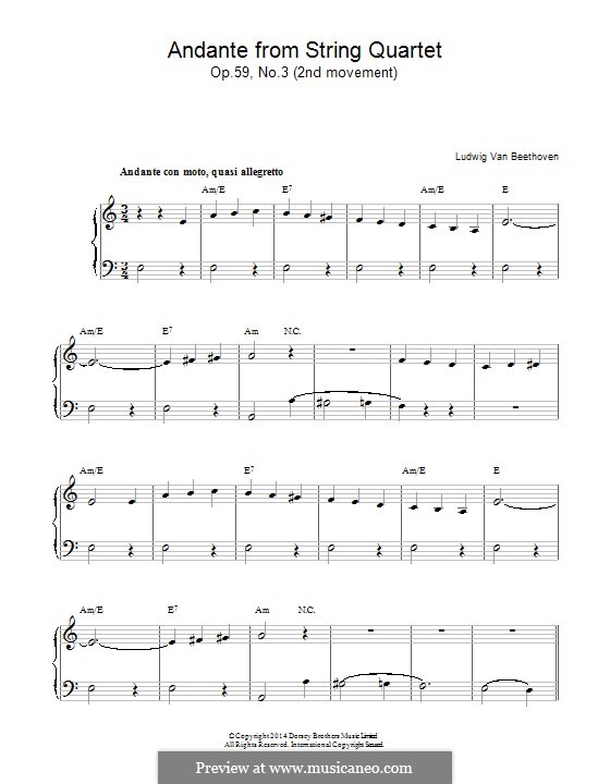 String Quartet No.9 in C Major, Op.59 No.3: Andante, for piano by Ludwig van Beethoven