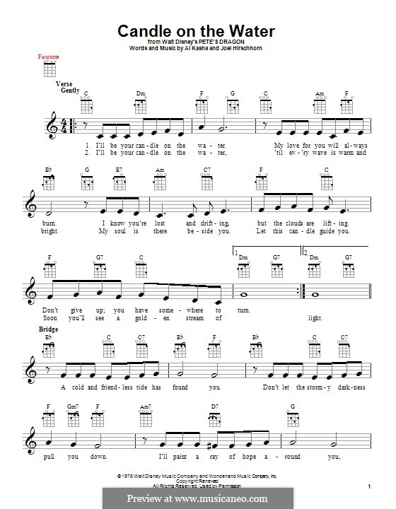 Candle on the Water (from Walt Disney's Pete's Dragon): para ukulele by Al Kasha, Joel Hirschhorn