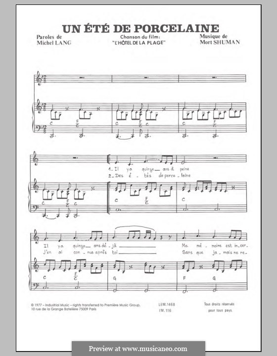 Un Ete de Porcelaine: Para vocais e piano by Mort Shuman