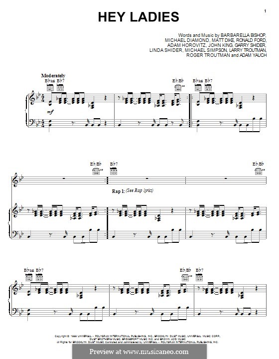 Hey Ladies (Beastie Boys): Para vocais e piano (ou Guitarra) by Adam Horovitz, Adam Yauch, John King, Larry Troutman, Matt Dike, Michael Diamond, Mike Simpson, Garry Shider