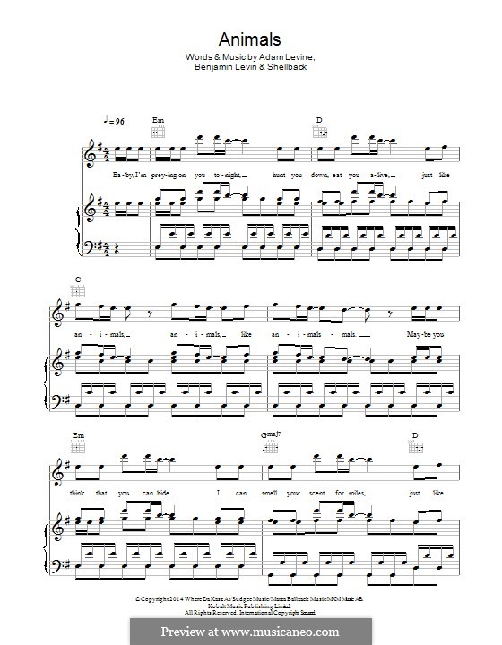 Animals (Maroon 5): Para vocais e piano (ou Guitarra) by Shellback, Adam Levine, Benjamin Levin