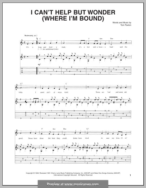 I Can't Help But Wonder (Where I'm Bound): Para guitarra com guia by Tom Paxton