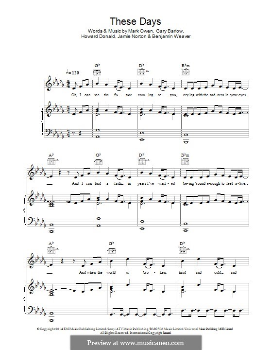 These Days (Take That): Para vocais e piano (ou Guitarra) by Gary Barlow, Howard Donald, Jamie Norton, Mark Owen, Benjamin Weaver