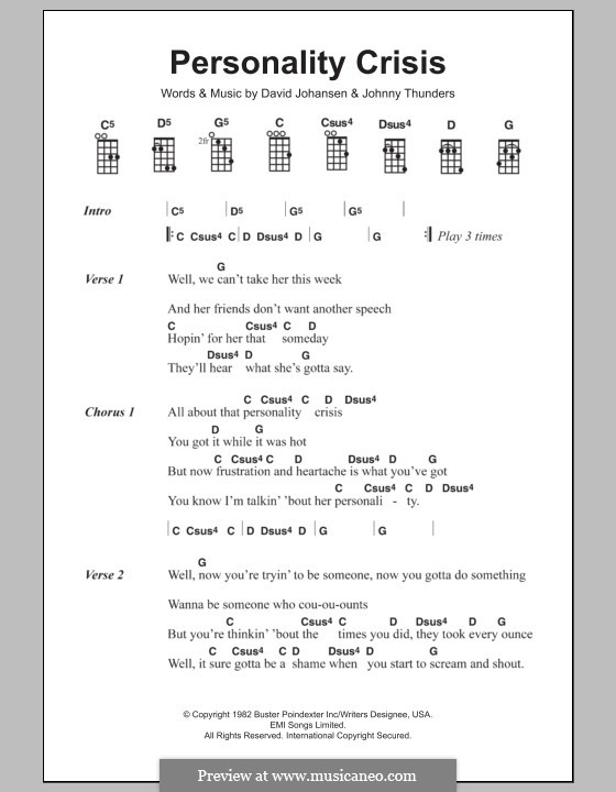 Personality Crisis (The New York Dolls): para ukulele by David Johansen, Johnny Thunders
