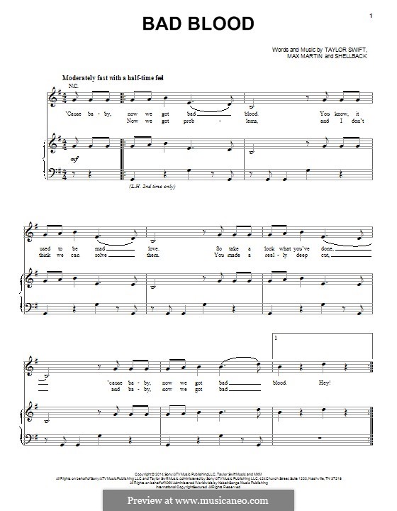 Bad Blood: Para vocais e piano (ou Guitarra) by Shellback, Max Martin, Taylor Swift