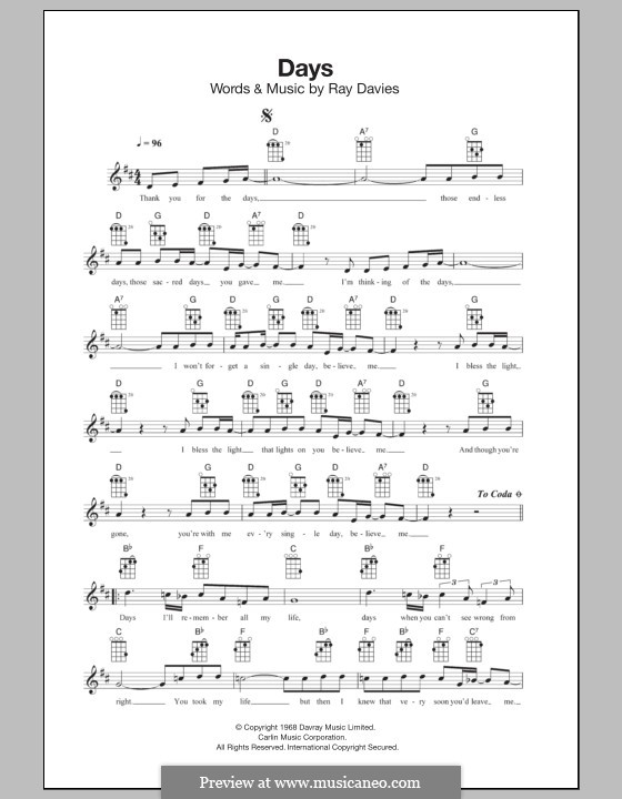 Days (The Kinks): para ukulele by Ray Davies