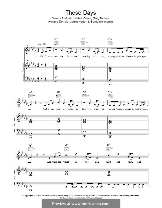 These Days (Take That): Para vocais e piano (ou Guitarra) by Gary Barlow, Howard Donald, Jamie Norton, Mark Owen, Benjamin Weaver