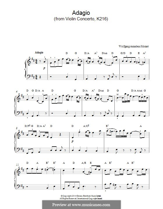 Concerto for Violin and Orchestra No.3 in G Major, K.216: Adagio (fragment). Version for piano by Wolfgang Amadeus Mozart