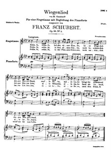 Wiegenlied (Cradle Song), D.498 Op.98 No.2: para voz alta e piano by Franz Schubert