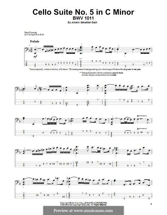 Suite for Cello No.5 in C Minor, BWV 1011: Arrangement for bass guitar by Johann Sebastian Bach