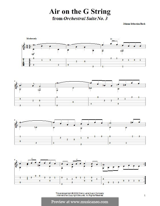 Aria (Printable Scores): Version for guitar with tab by Johann Sebastian Bach