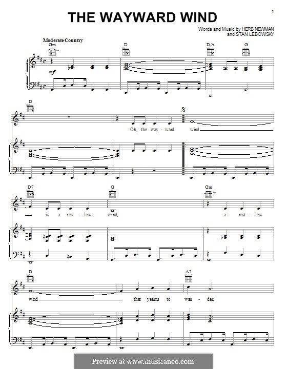 The Wayward Wind (Patsy Cline): Para vocais e piano (ou Guitarra) by Herb Newman, Stan Lebowsky