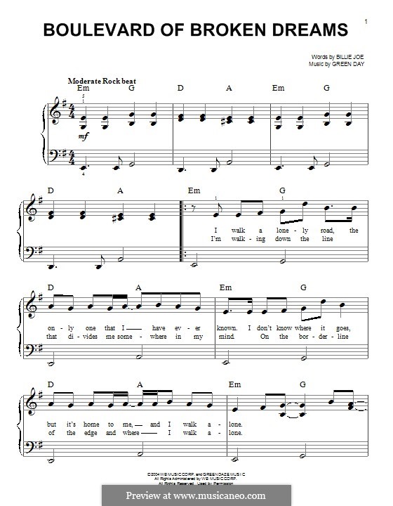 Boulevard of Broken Dreams (Green Day): Para Piano by Billie Joe Armstrong, Tré Cool, Michael Pritchard