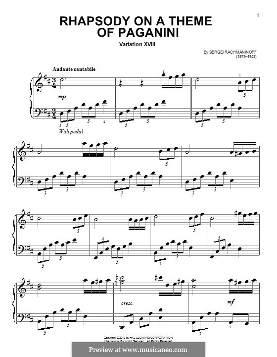 Rhapsody on a Theme of Paganini, Op.43: Variation XVIII, for piano by Sergei Rachmaninoff