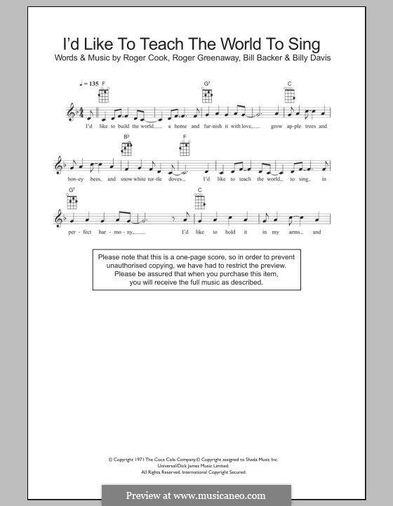 I'd Like to Teach the World to Sing (The New Seekers): para ukulele by Bill Backer, Billy Davis, Roger Cook, Roger Greenaway