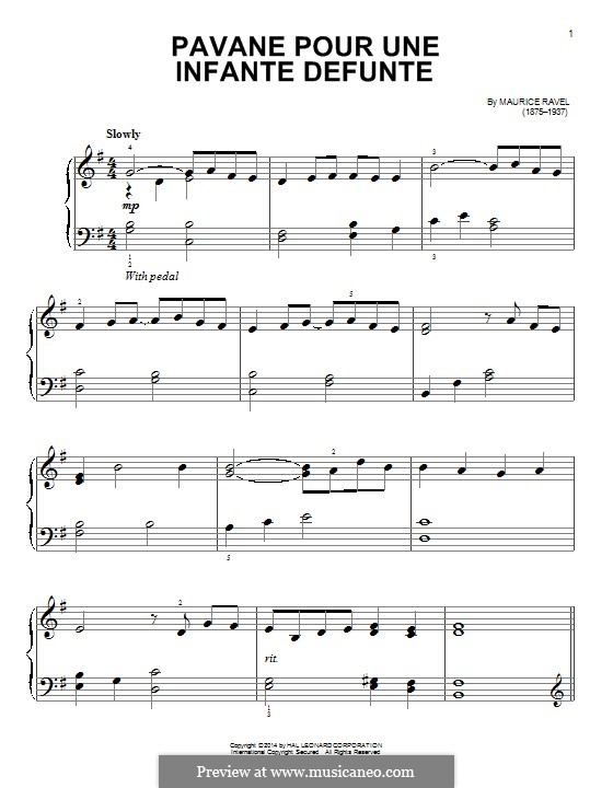 Pavane pour une infante défunte (Pavane for a Dead Princess), M.19: For easy piano (fragment) by Maurice Ravel