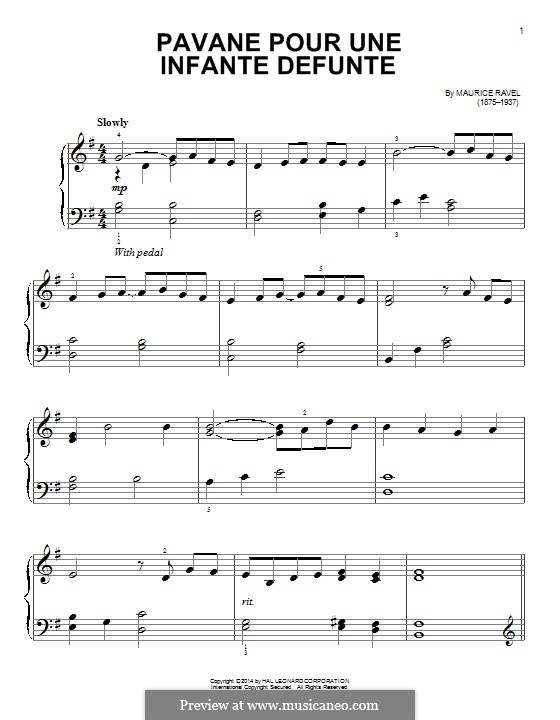 Pavane pour une infante défunte (Pavane for a Dead Princess), M.19: For easy piano (fragment) by Maurice Ravel