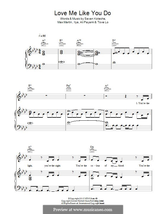 Love Me Like You Do: Para vocais e piano (ou Guitarra) by Max Martin, Savan Kotecha, Ali Payami, Ilya, Tove Lo