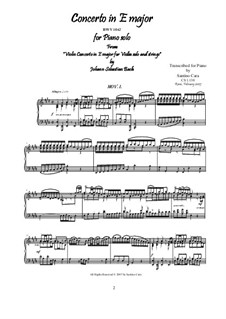 Concerto for Violin, Strings and Basso Continuo No.2 in E Major, BWV 1042: Movement I Allegro, for piano by Johann Sebastian Bach
