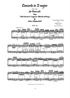 Concerto for Violin, Strings and Basso Continuo No.2 in E Major, BWV 1042: Movement III Allegro assai, for piano by Johann Sebastian Bach