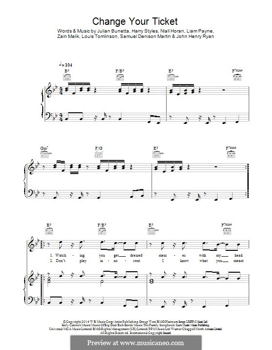 Change Your Ticket (One Direction): Para vocais e piano (ou Guitarra) by Julian Bunetta, Zayn Malik, Louis Tomlinson, Liam Payne, Harry Styles, John Henry Ryan