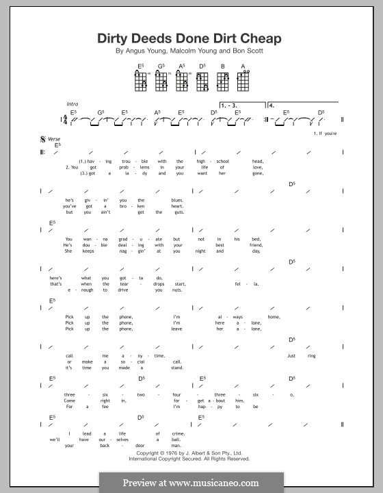 Dirty Deeds Done Dirt Cheap (AC/DC): para ukulele by Angus Young, Bon Scott, Malcolm Young