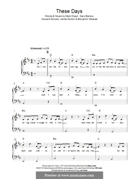 These Days (Take That): Para Piano by Gary Barlow, Howard Donald, Jamie Norton, Mark Owen, Benjamin Weaver