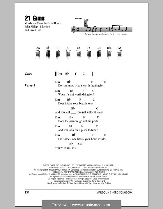 21 Guns (Green Day): Para vocais e piano (ou Guitarra) by Billie Joe Armstrong, David Bowie, Tré Cool, John Phillips, Michael Pritchard