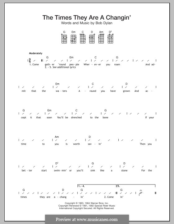 The Times They Are A-Changin': para ukulele by Bob Dylan